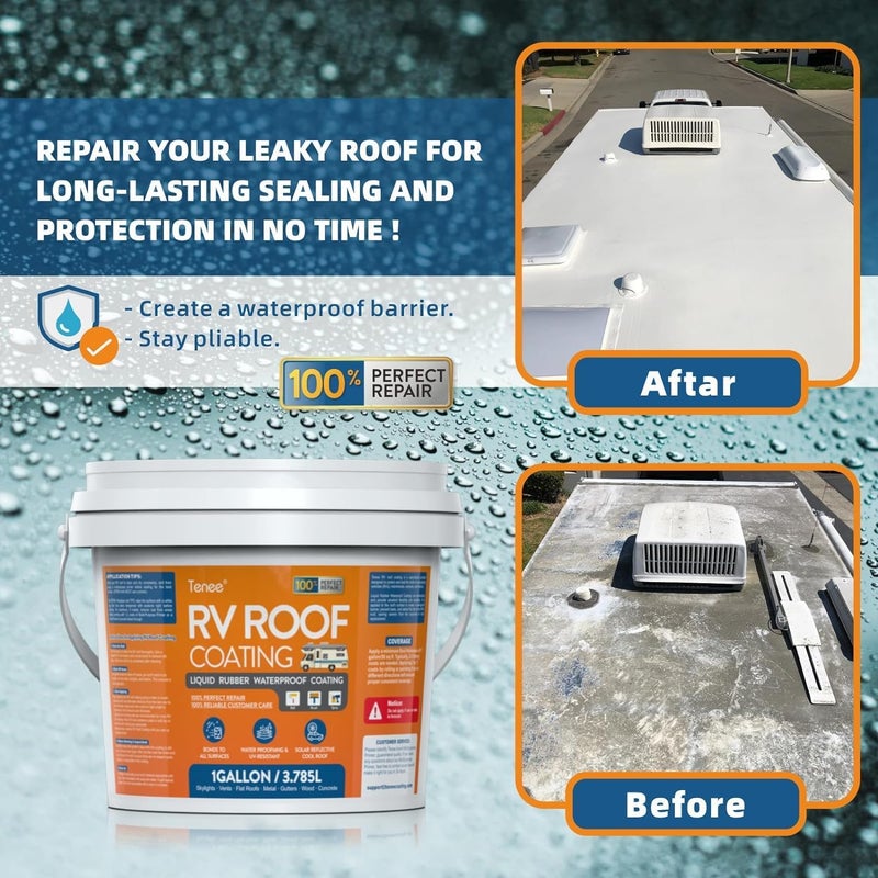 Tenee 1 Gallon RV Roof Coating White with Brush, Towel, Solar Reflective Sealant for Easy Insulation & Leak Repair, Liquid Flexible Rubber Camper RV Roof Sealant for Metal Building, Trailer, Motorhome - Image 2